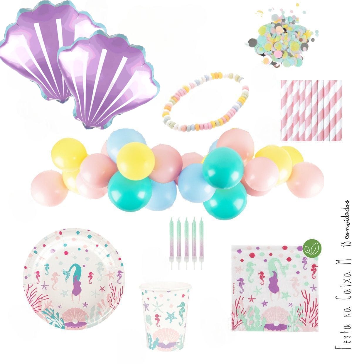 Decoração de festa com tema de sereias incluindo balões, arco de balões, colar de doces, canudos, velas, pratos, copos e guardanapos