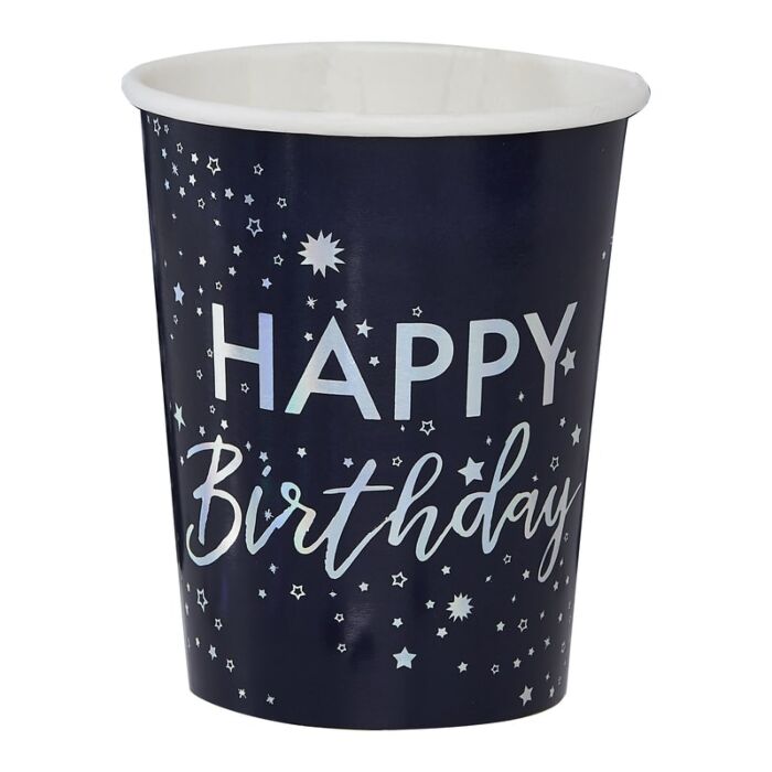 Copo de papel azul escuro com texto 'HAPPY Birthday' e estrelas brancas