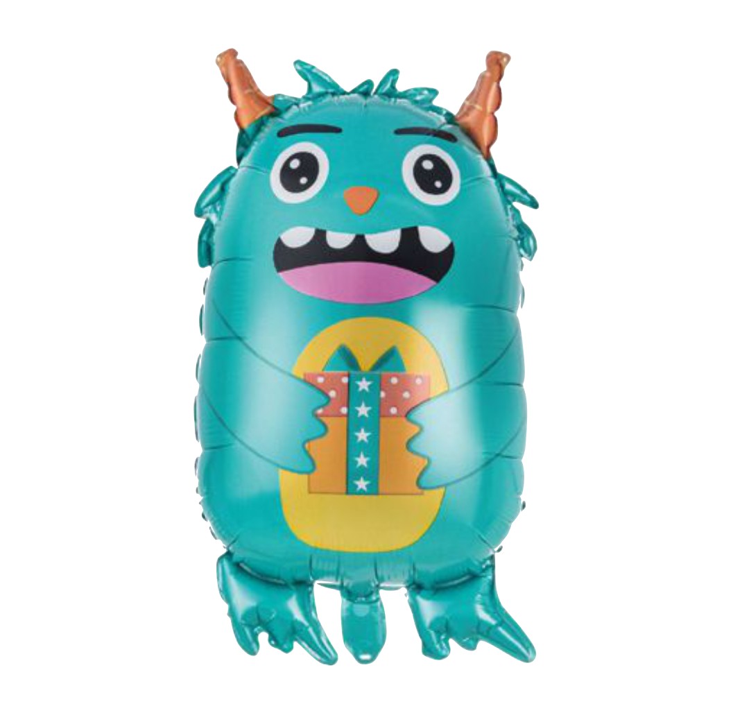 Balão azul em forma de monstro segurando presente colorido