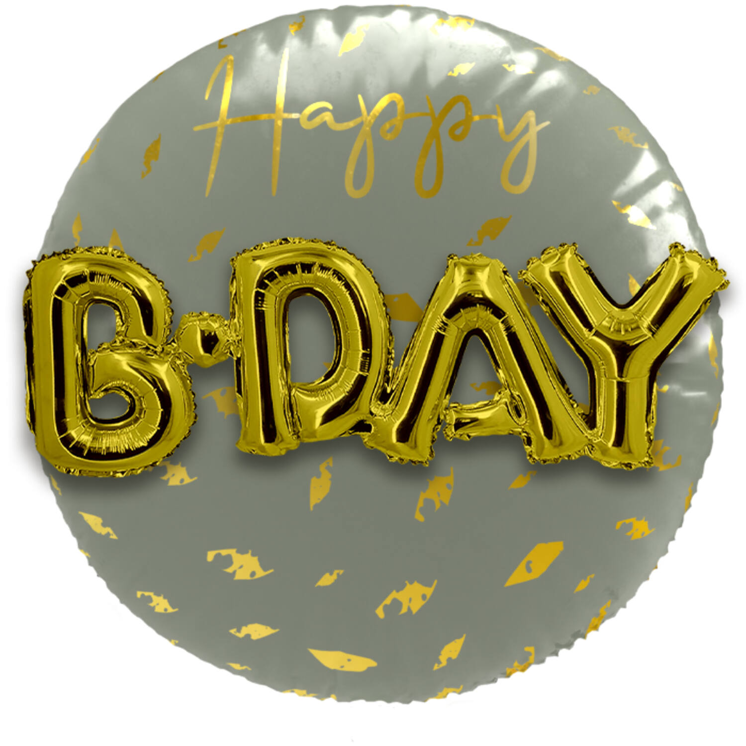Balão redondo prateado com letras douradas B-DAY e texto Happy