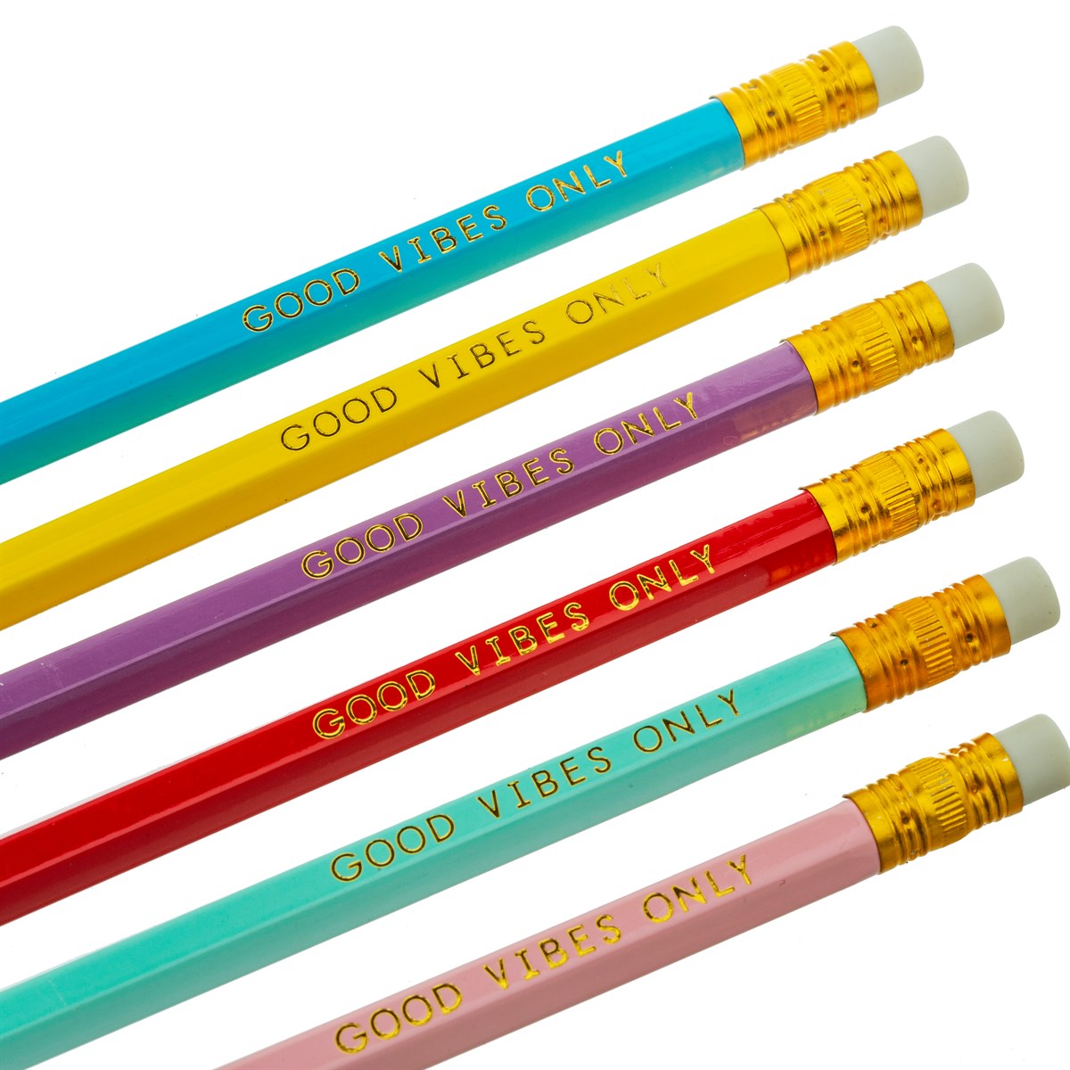 Conjunto de seis lápis coloridos com a frase GOOD VIBES ONLY