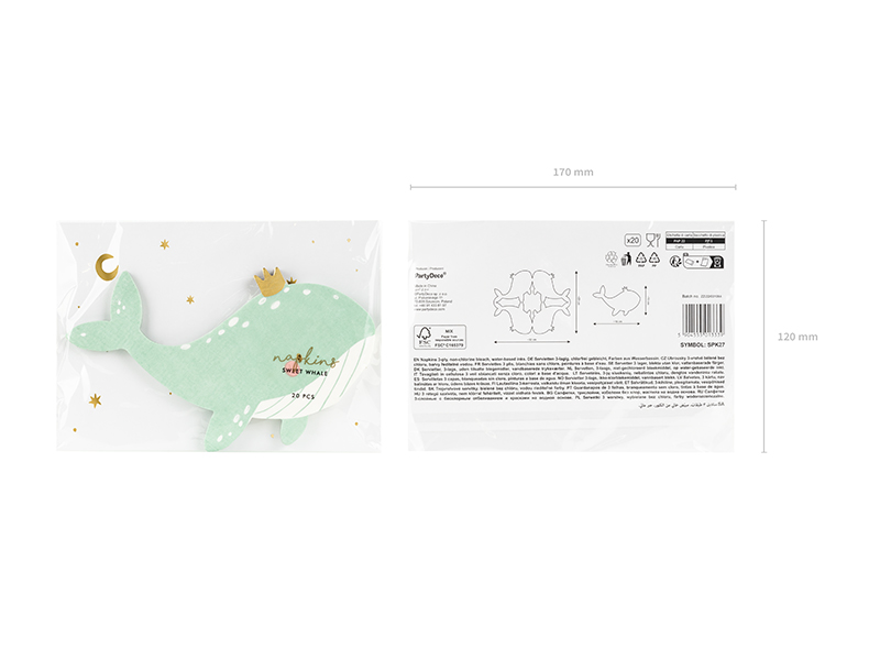 Brinquedo de tecido em forma de golfinho verde com estrela e coroa, embalado em plástico