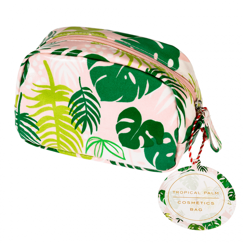 Necessaire rosa claro com folhas tropicais verdes e etiqueta redonda