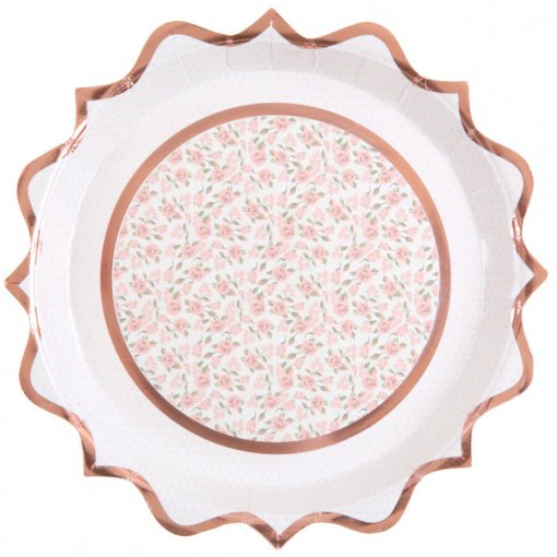 Prato decorativo branco com borda ondulada cor de cobre e padrão floral