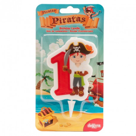 Vela de aniversário pirata número 1 em embalagem colorida com tema de praia