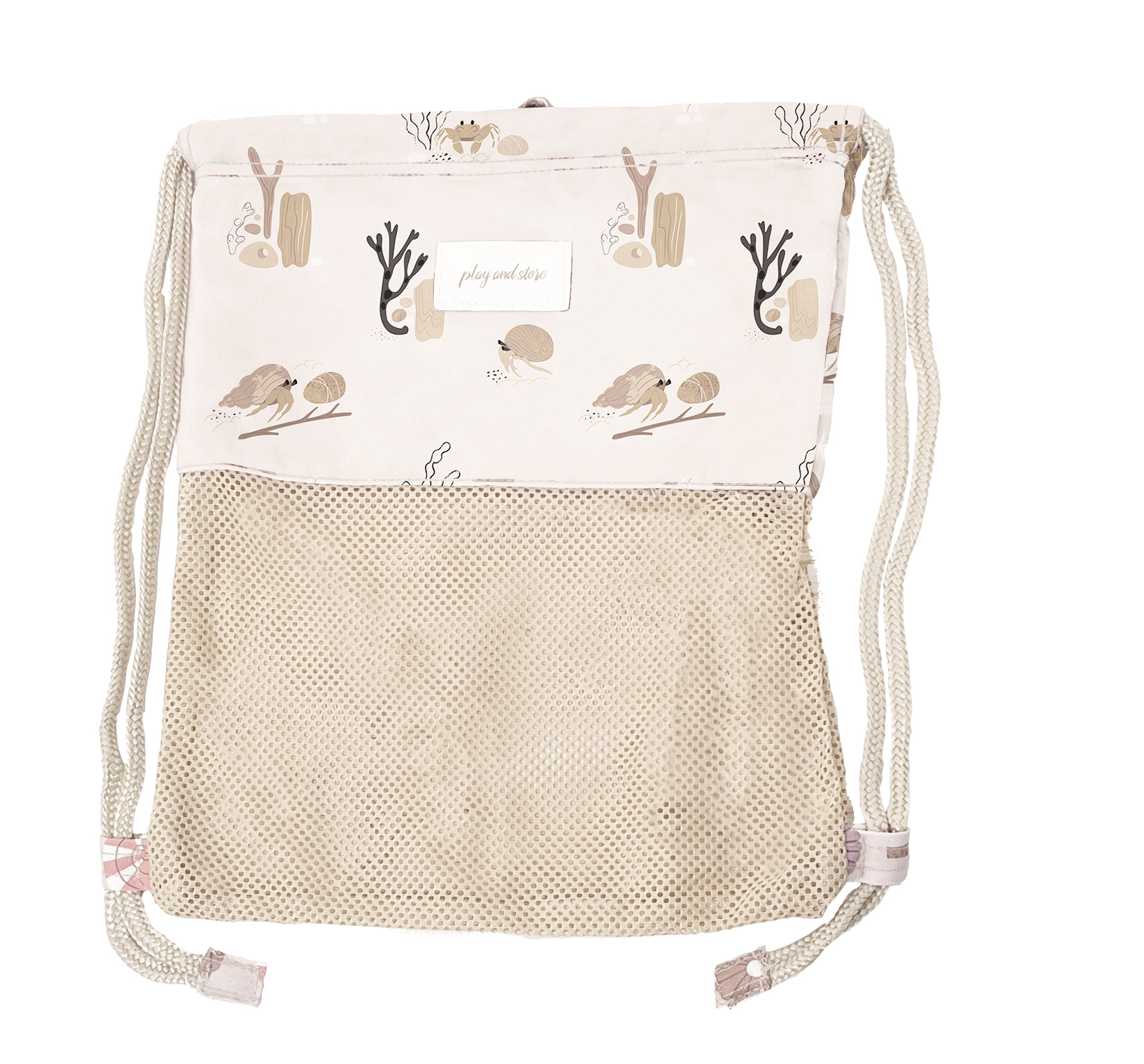 Saco de tecido bege com padrão de pássaros e cordões para transporte