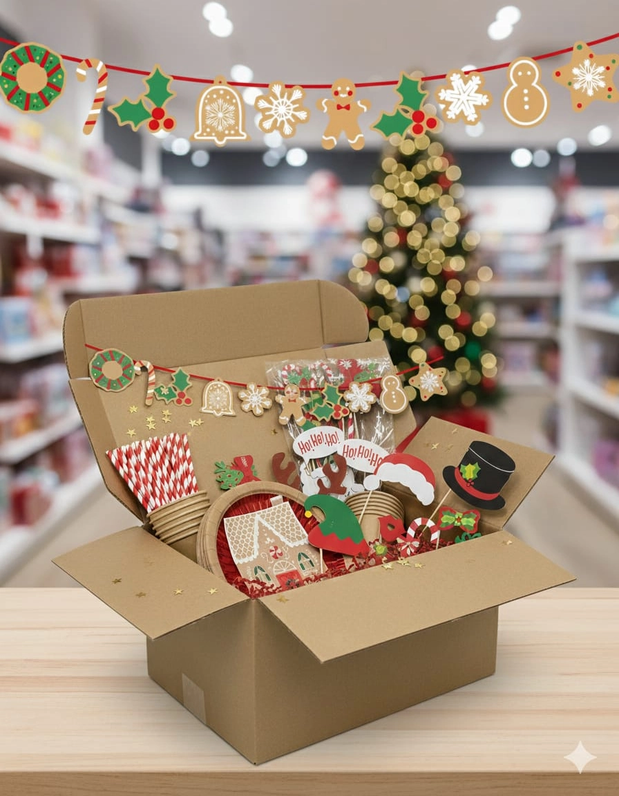 Caixa de cartão com decoração natalícia e guirlanda colorida pendurada na aba