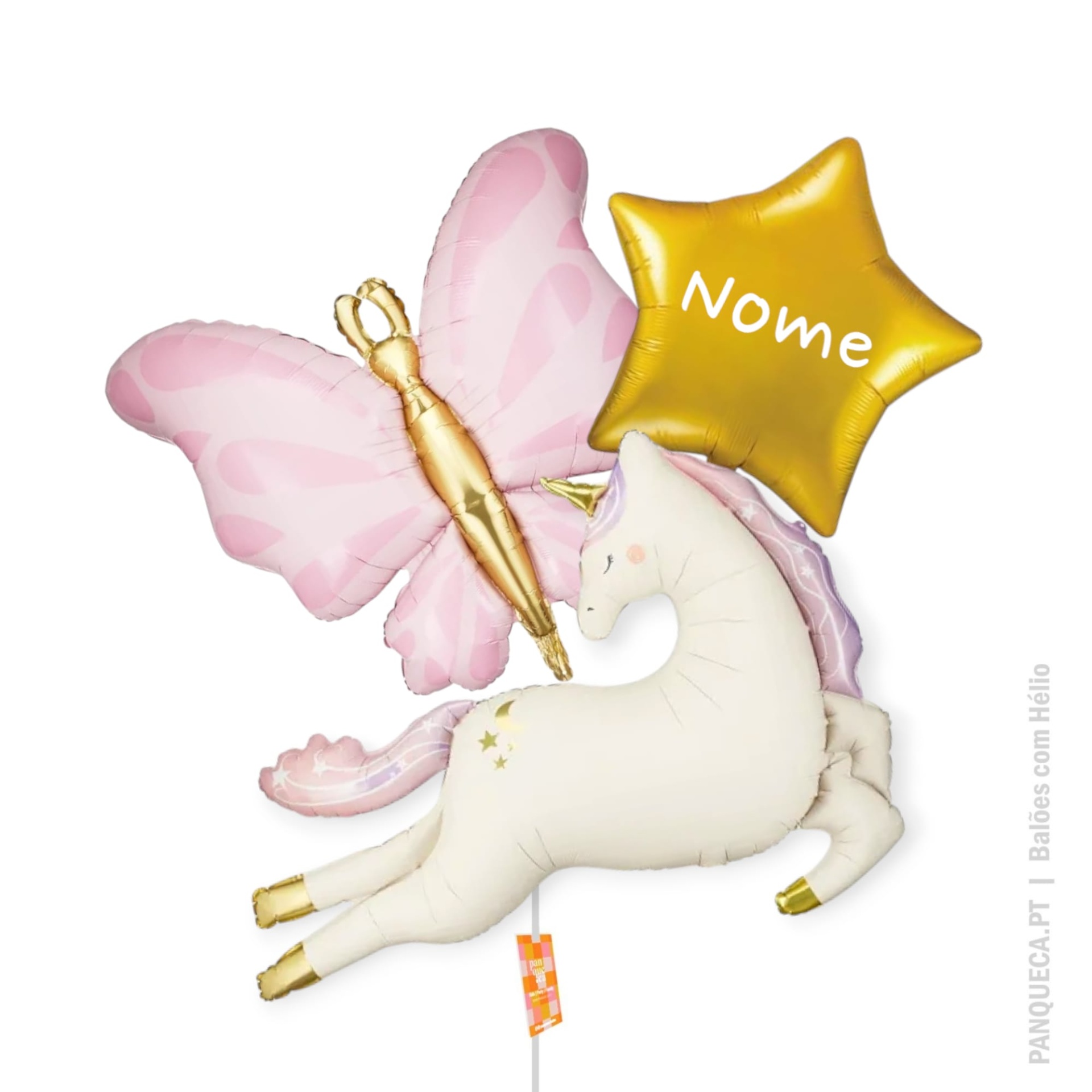 Balão de unicórnio, estrela dourada e fada em fundo branco