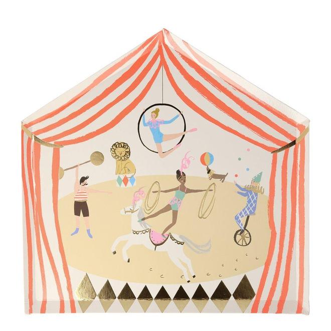 Caixa decorativa com tema de circo, tenda riscada branca e vermelha, figuras coloridas de artistas de circo e detalhes dourados.