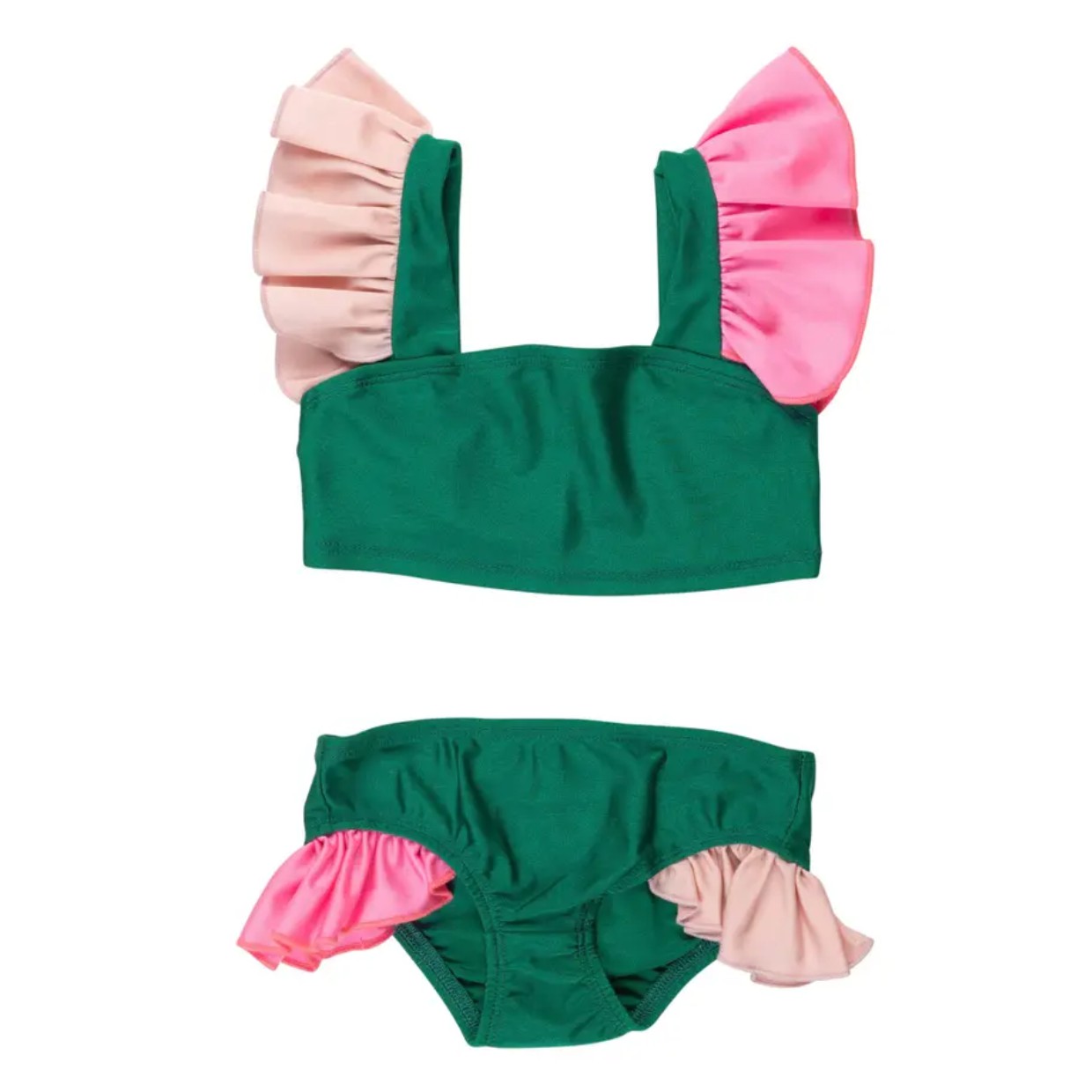 Fato de banho verde com folhos rosa claro e rosa vivo para criança