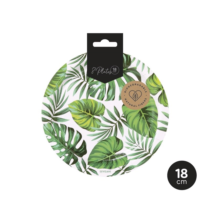 Pratos descartáveis com padrão de folhas tropicais verdes