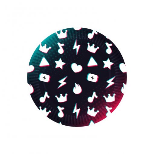 Prato descartável redondo com padrão de ícones brancos sobre fundo preto