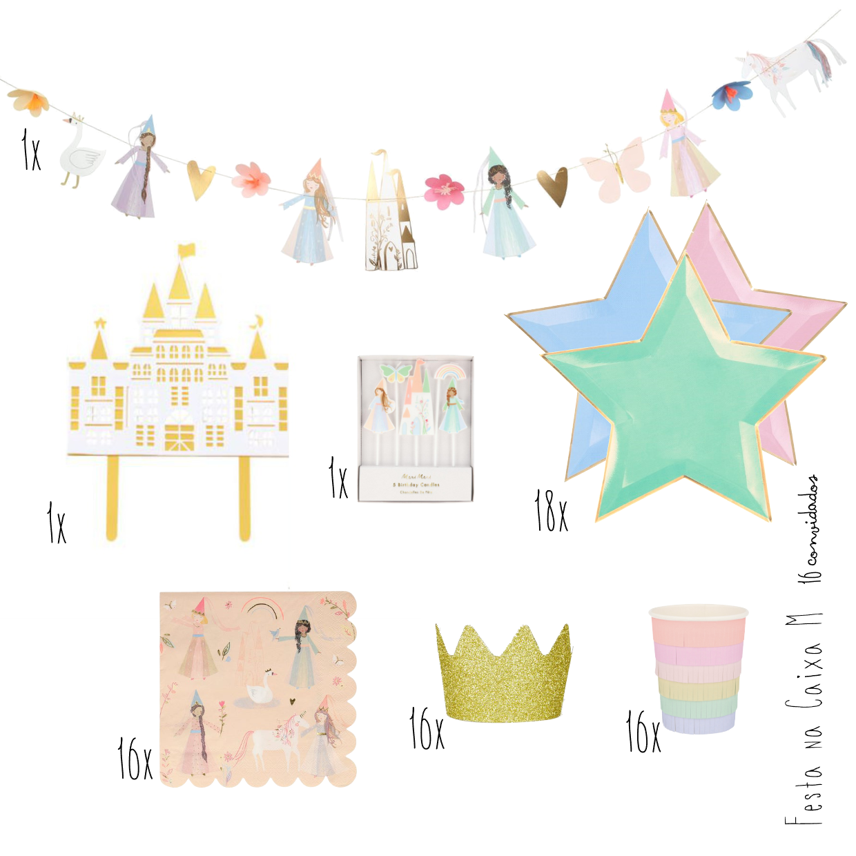 Decoração festa infantil com castelo dourado, fadas, estrelas coloridas e coroas.
