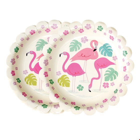 Dois pratos descartáveis com desenho de flamingos e flores cor-de-rosa