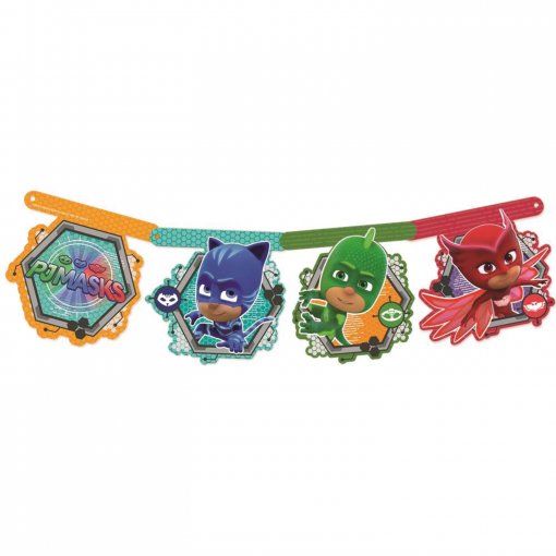Guirlanda decorativa PJ MASKS com personagens e logo coloridos