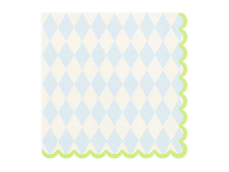 Guardanapo quadrado com padrão de losangos azuis e brancos e borda verde ondulada