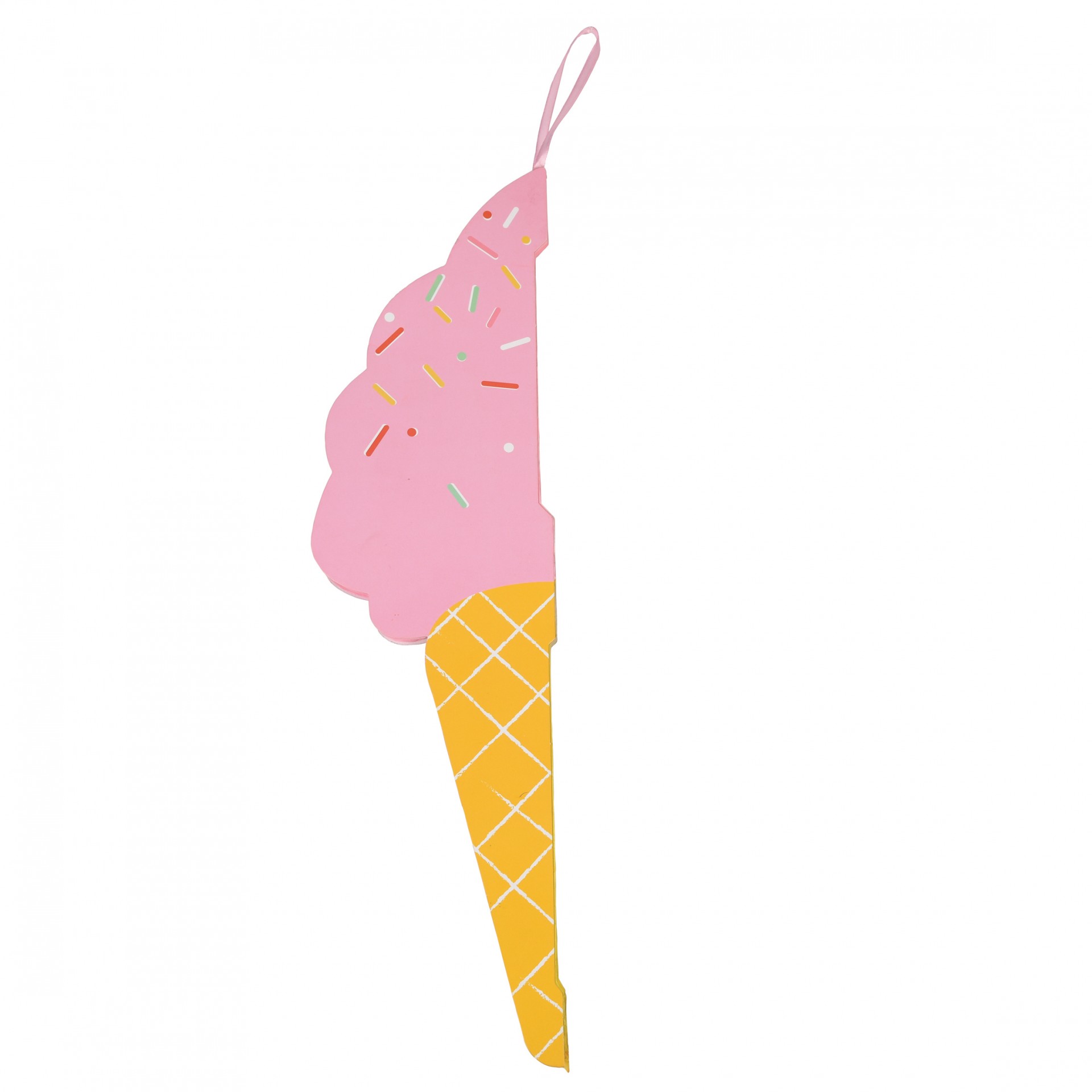 Guarda-sol em forma de gelado cor-de-rosa com granulado colorido e cone amarelo