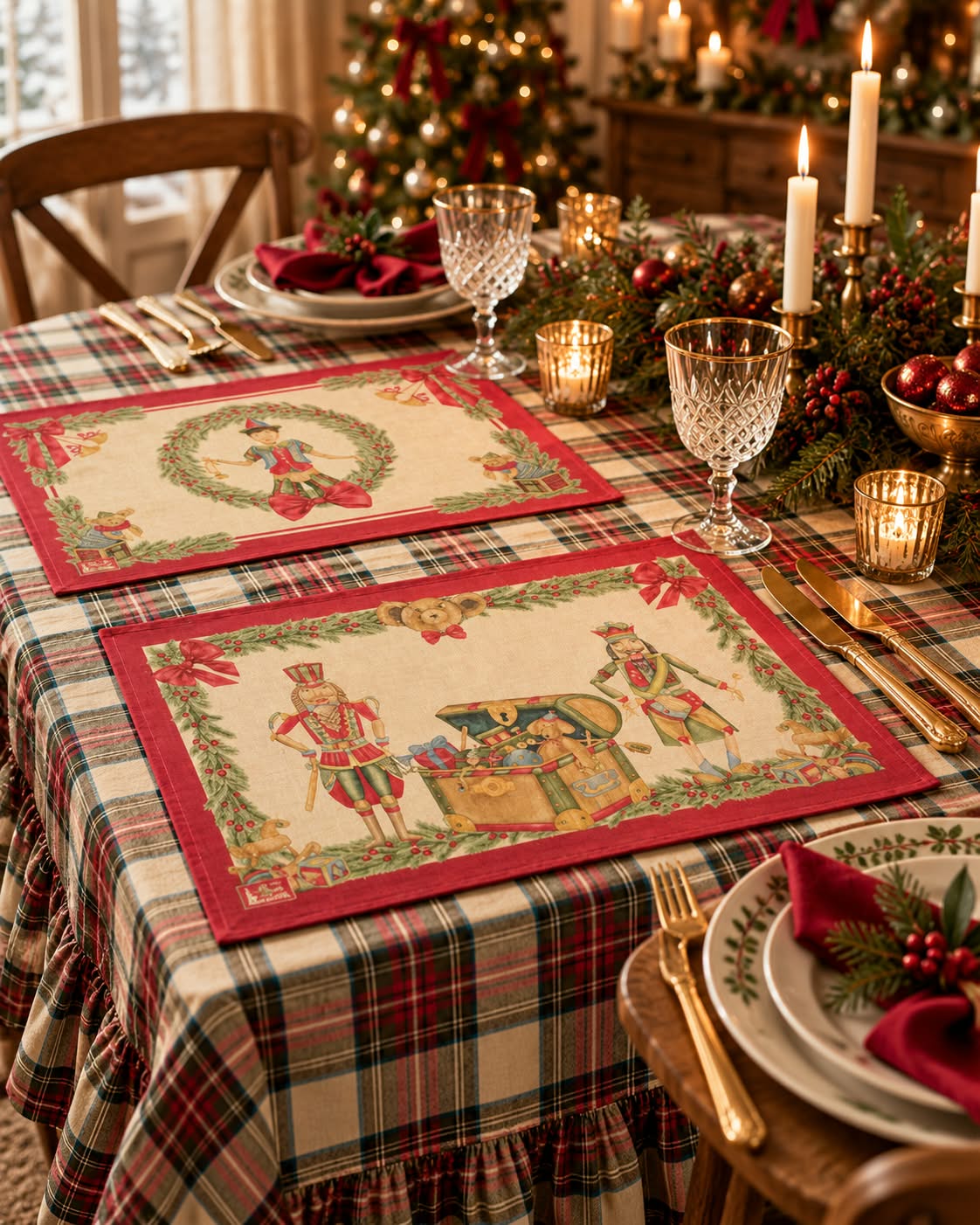 Mesa de Natal com toalha xadrez, jogos americanos natalícios, talheres dourados e velas acesas