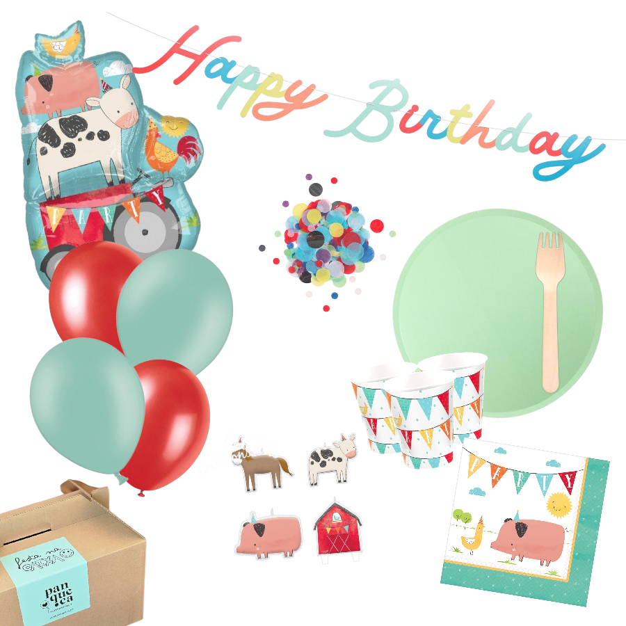 Decoração de festa infantil com tema de quinta incluindo balões, copos, guardanapos, talheres e letras 'Happy Birthday'