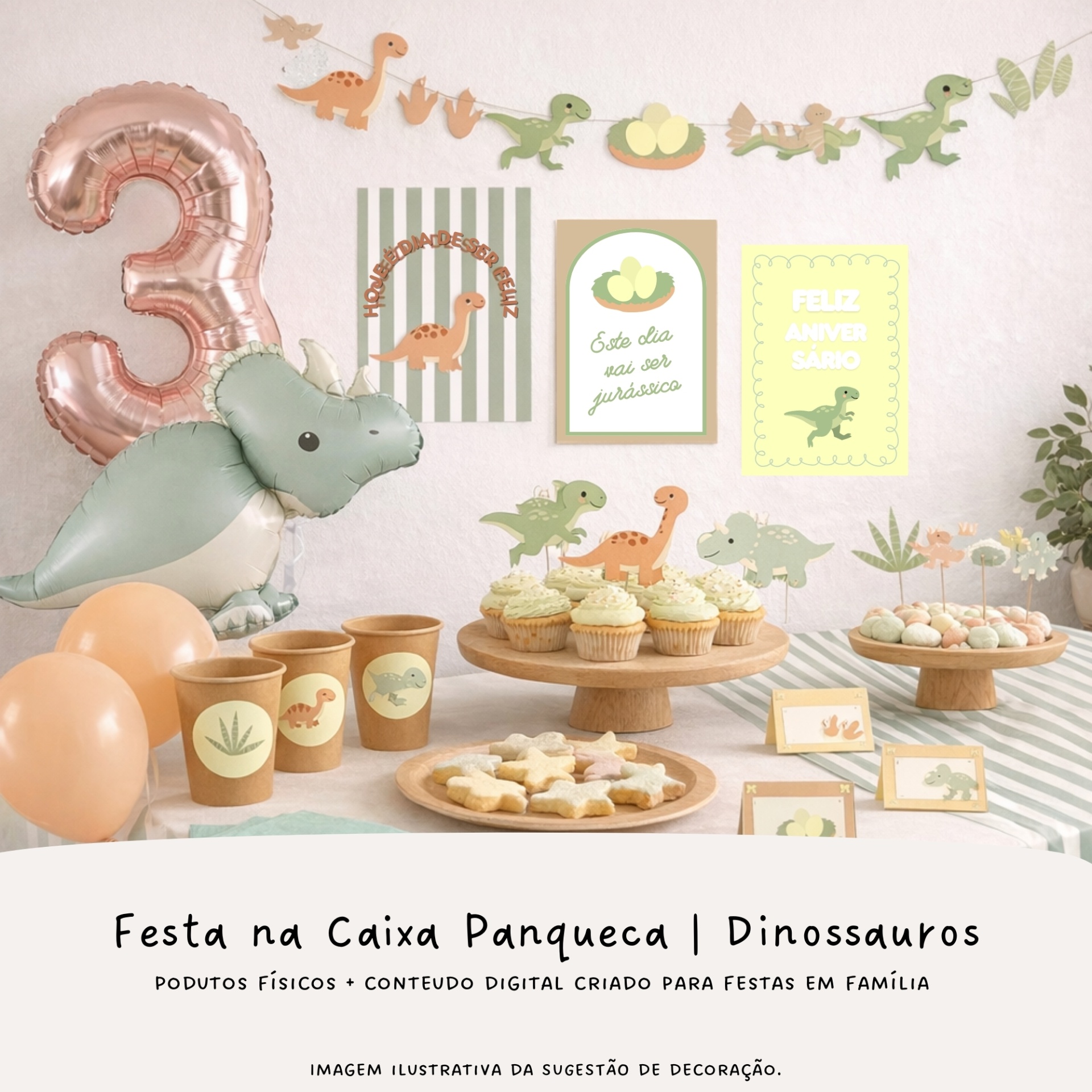 Decoração de festa infantil com tema dinossauros e balões, posters e doces decorados