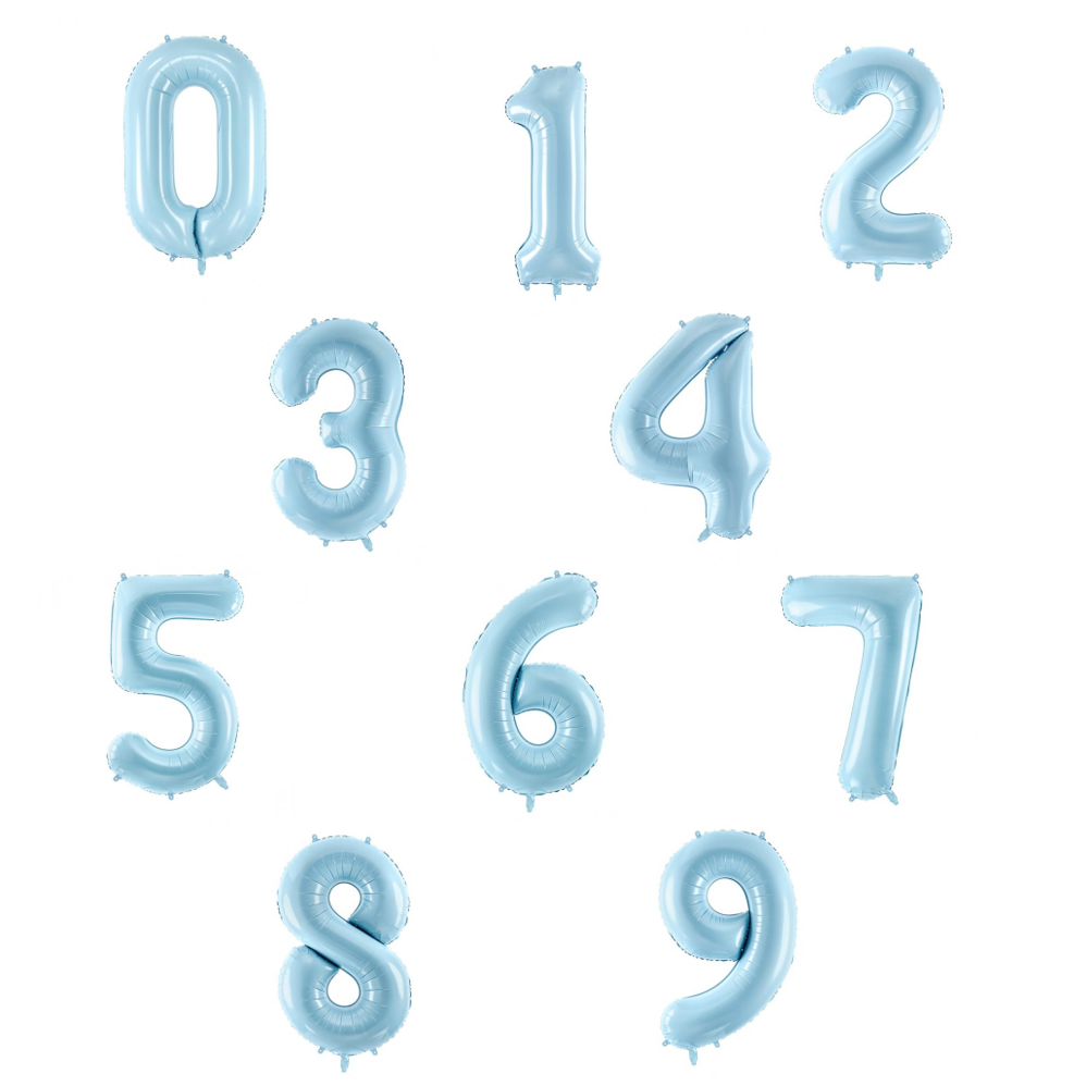 Balões metálicos azuis em formato de números de 0 a 9