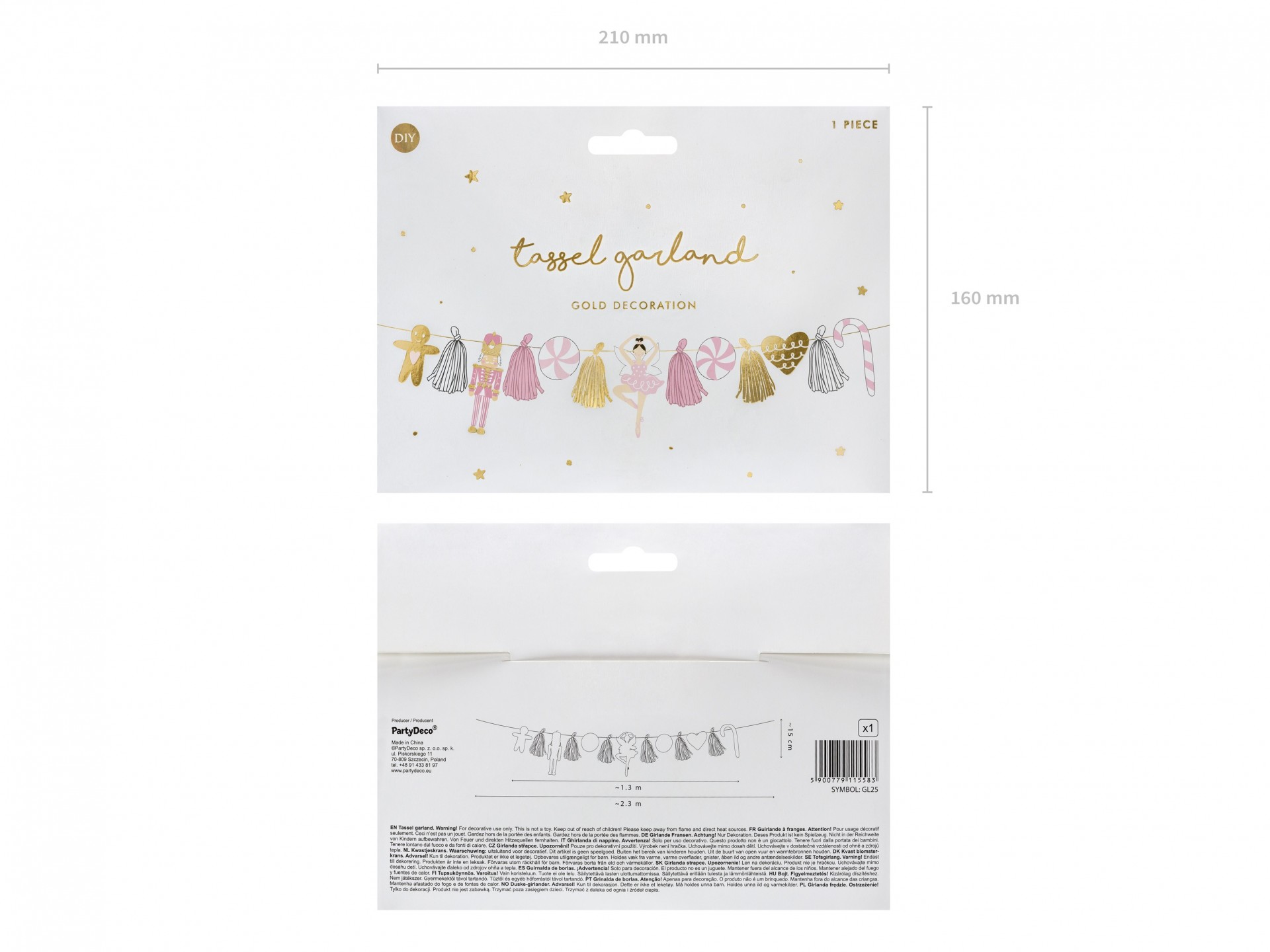 Embalagem de guirlanda de franjas em papel nas cores dourado, rosa e branco