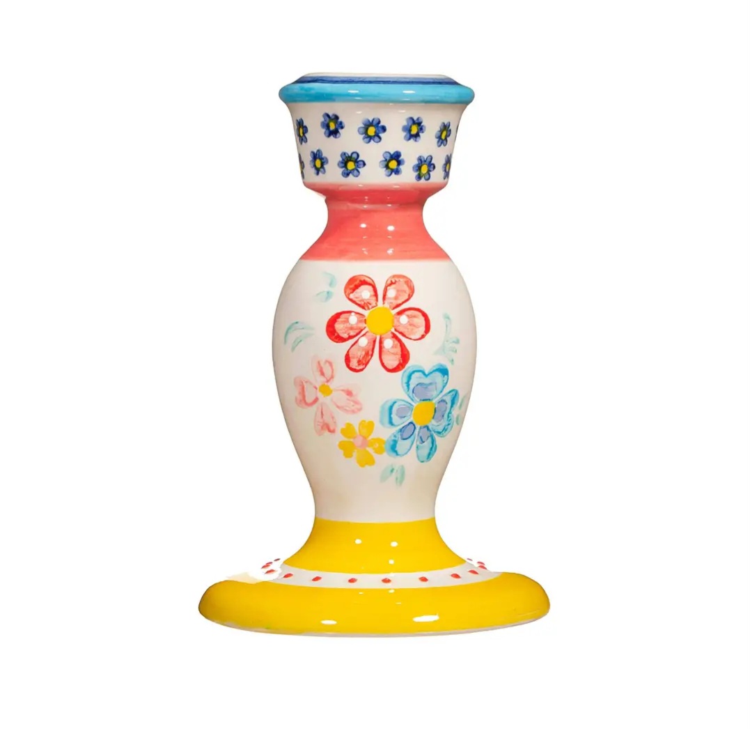 Castiçal cerâmico pintado à mão com flores coloridas