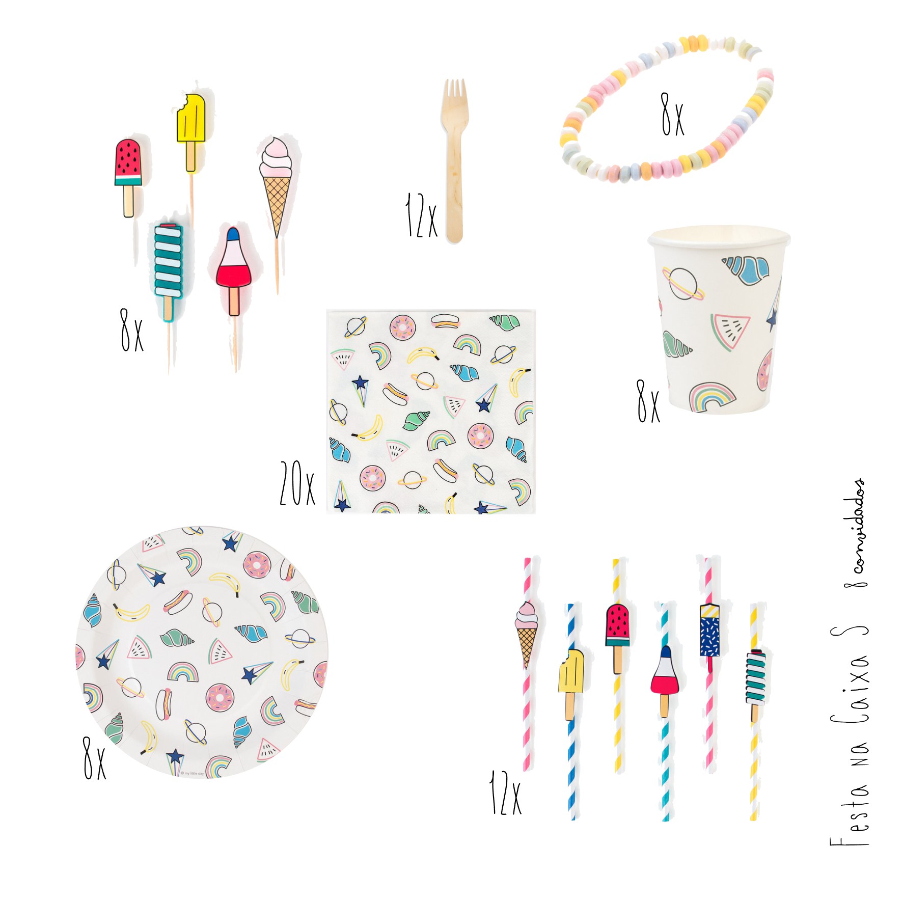 Conjunto de festa com pratos, copos, guardanapos, velas e espetadas com padrões coloridos e desenhos divertidos