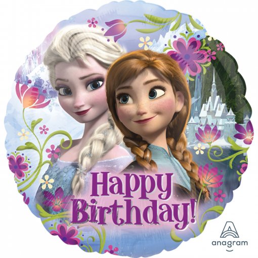 Balão redondo com as personagens Elsa e Anna do Frozen e texto Happy Birthday