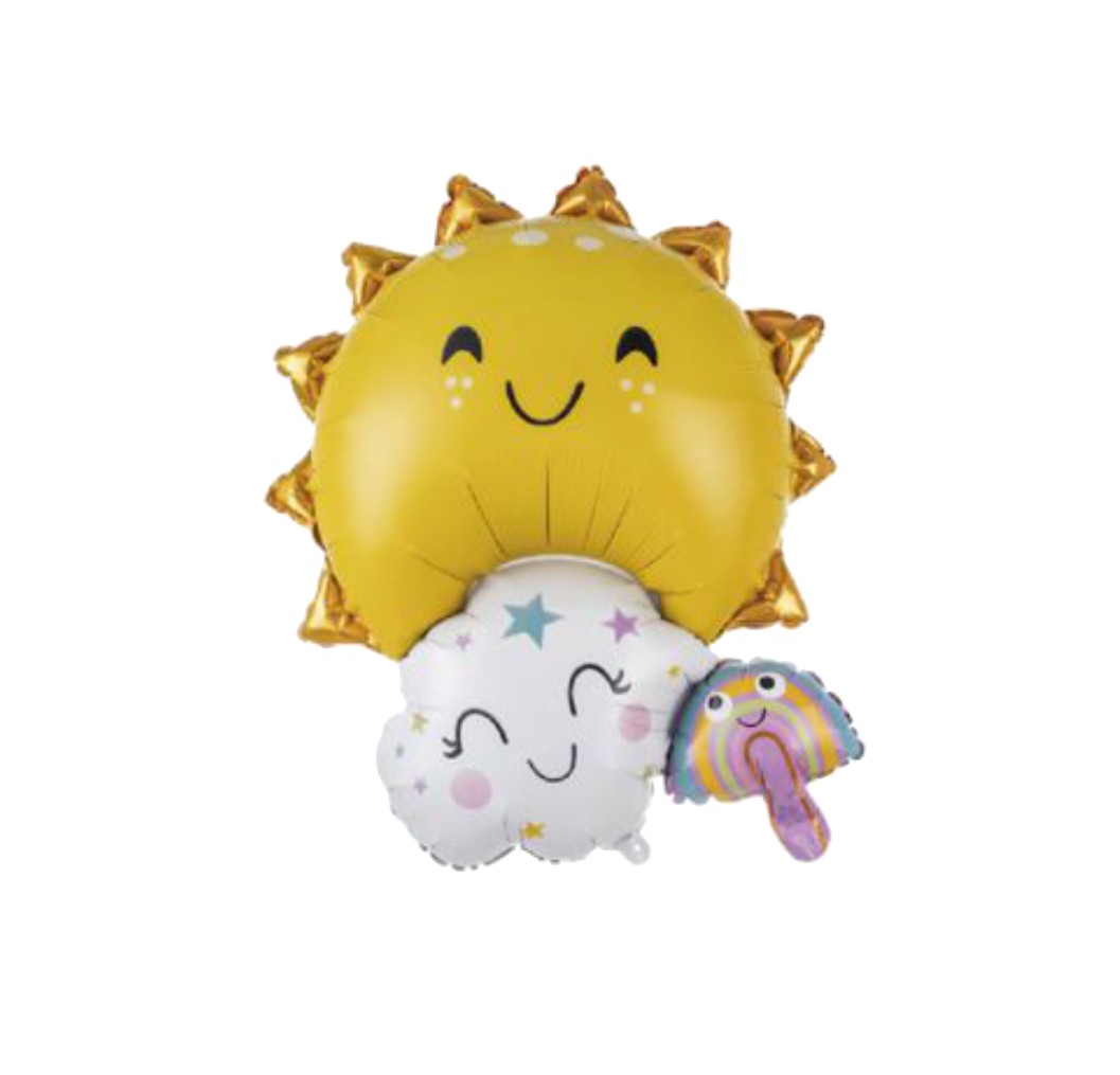 Balões coloridos com temas de sol, nuvem e sorvete