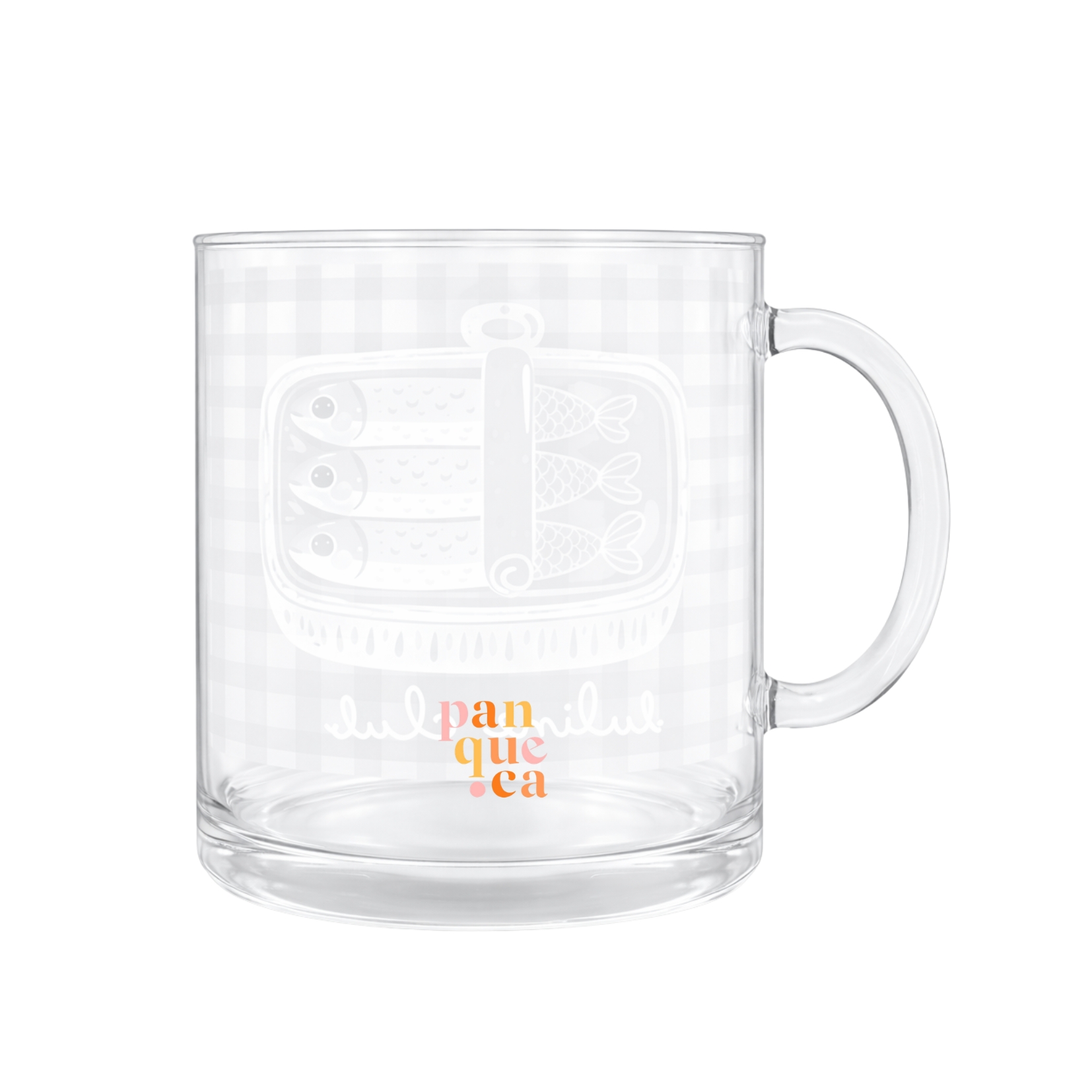 Caneca de vidro transparente com decoração de peixes e texto panqueça