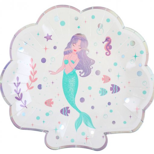 Prato descartável formato concha com ilustração de sereia e peixes coloridos