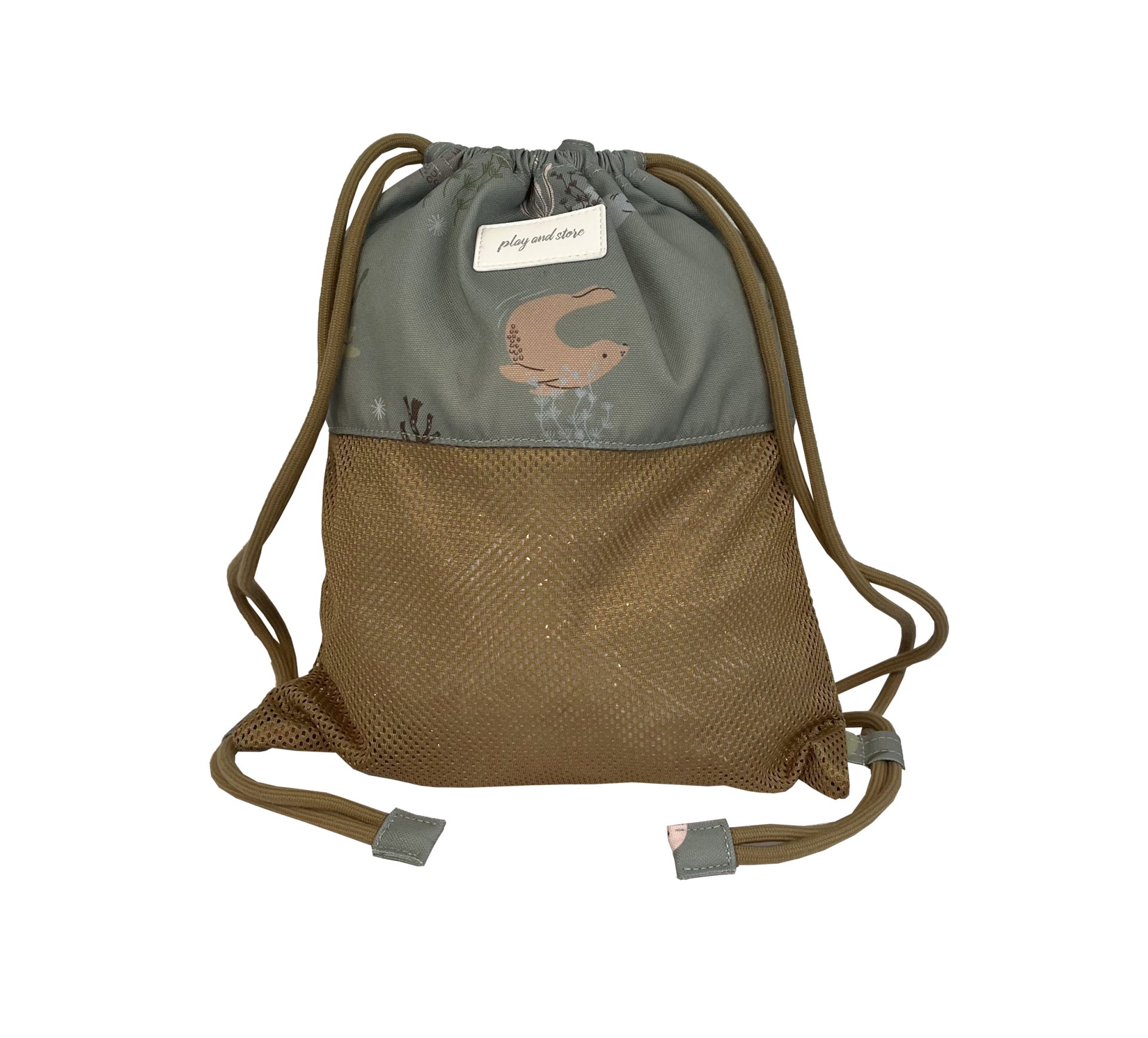 Mochila saco cinzenta e castanha com ilustração e texto Poly and Bark