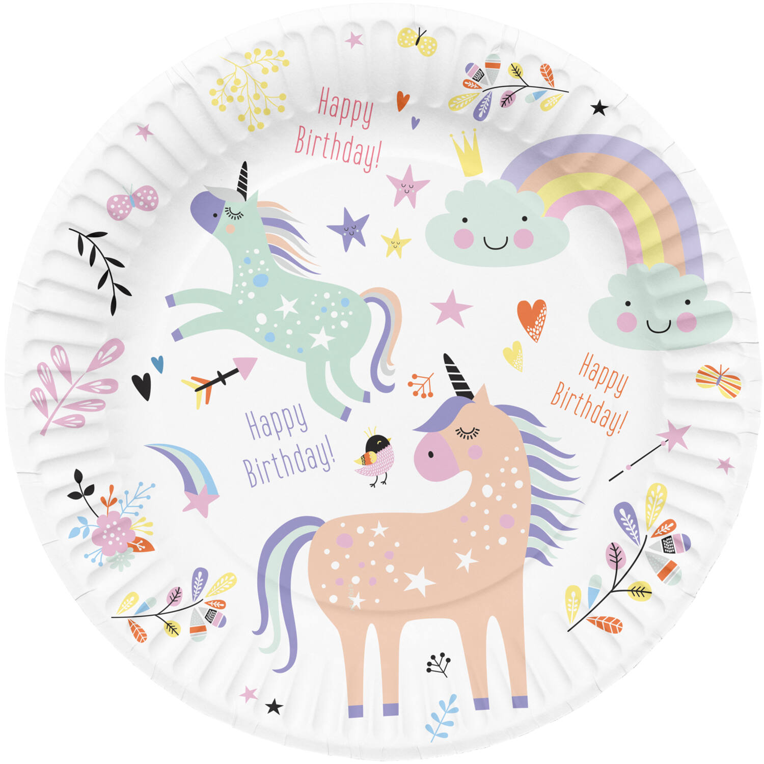 Prato de papel com desenhos de unicórnios, arco-íris e texto Happy Birthday