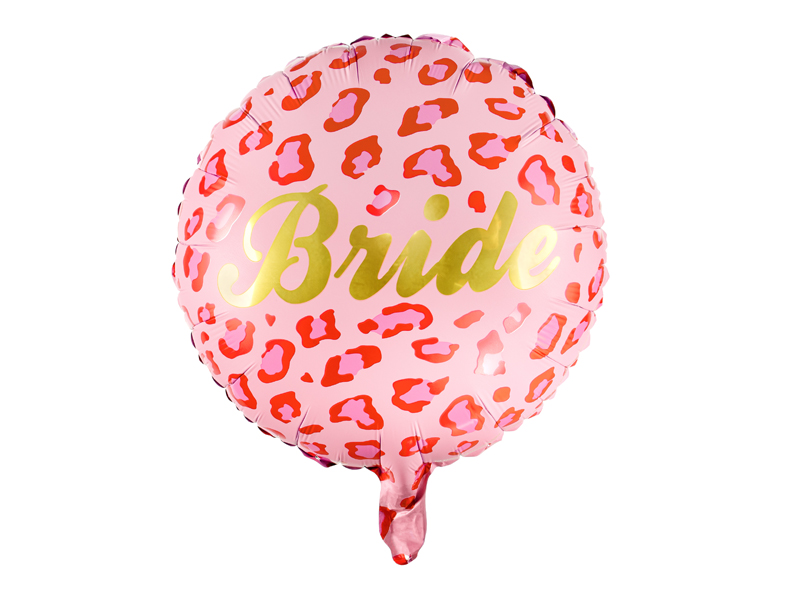 Balão redondo rosa com padrão de leopardo e texto Bride em dourado
