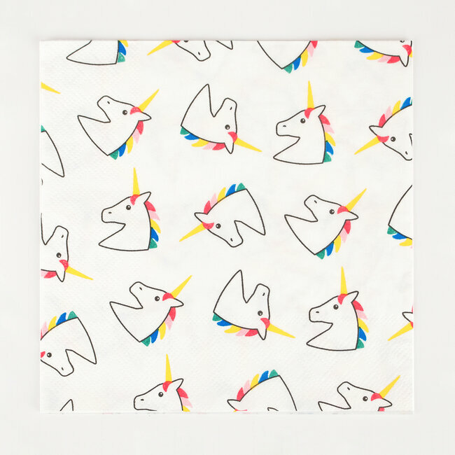 Guardanapo de papel branco com padrão de unicórnios estilizados coloridos