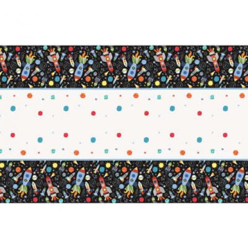 Tecido com padrão de foguetes coloridos e pontos em fundo preto e branco