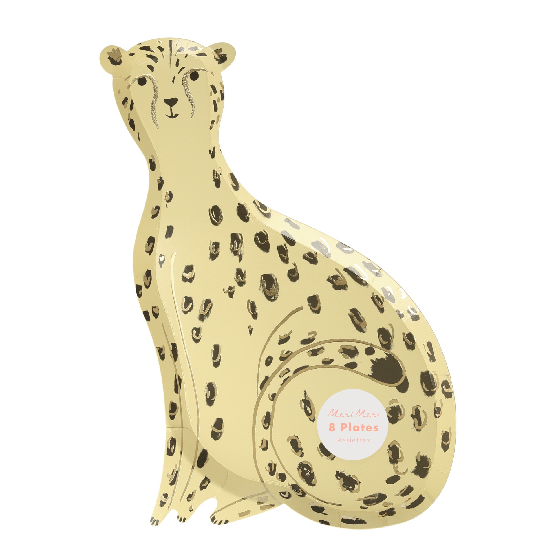 Figura decorativa de leopardo bege com manchas pretas e etiqueta branca e rosa