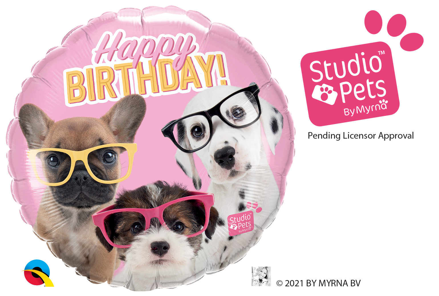 Balão cor-de-rosa de aniversário com cães a usar óculos coloridos.