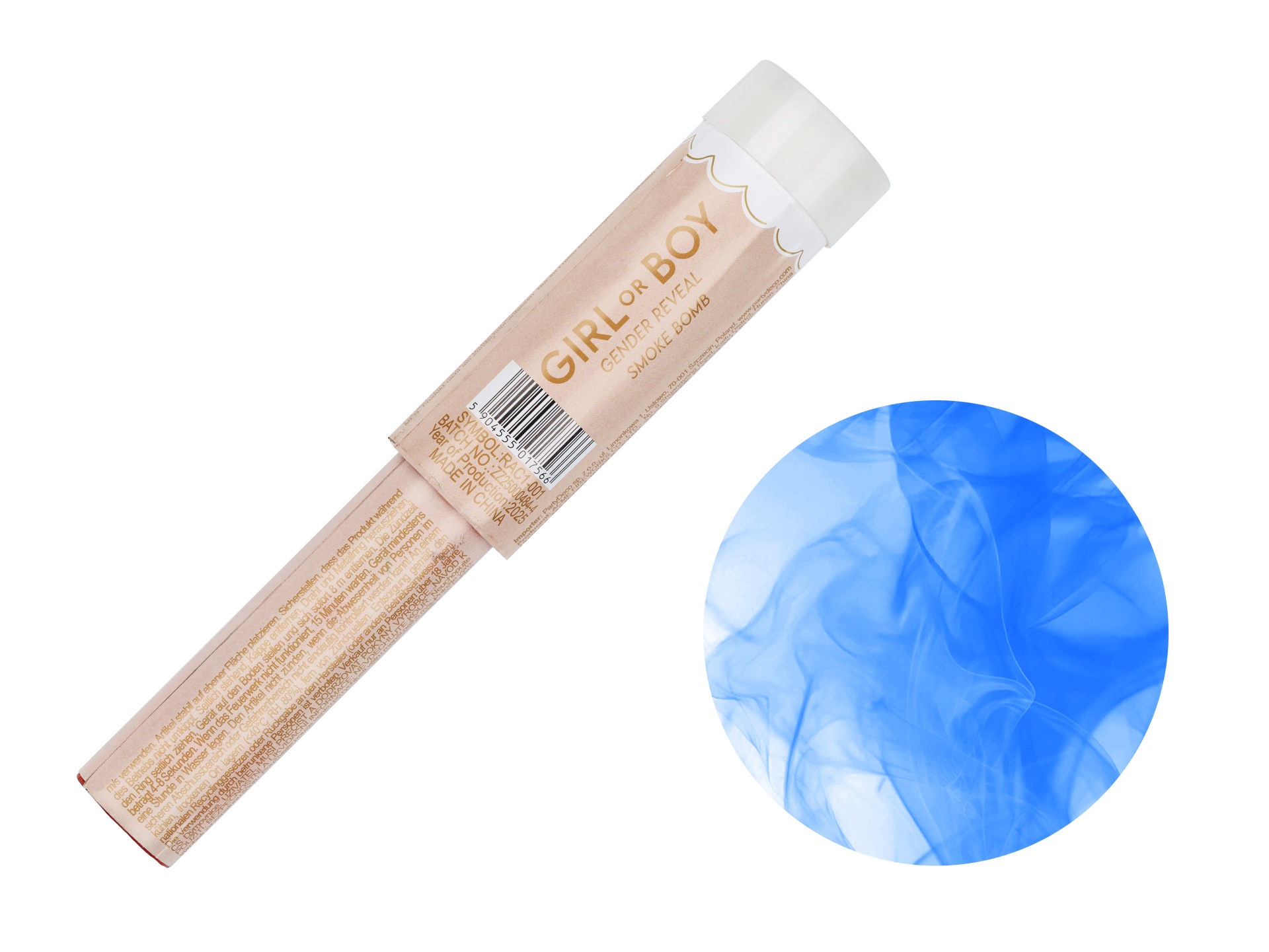 Bomba de fumo para revelação de género com rótulo castanho claro e texto dourado e fumo azul