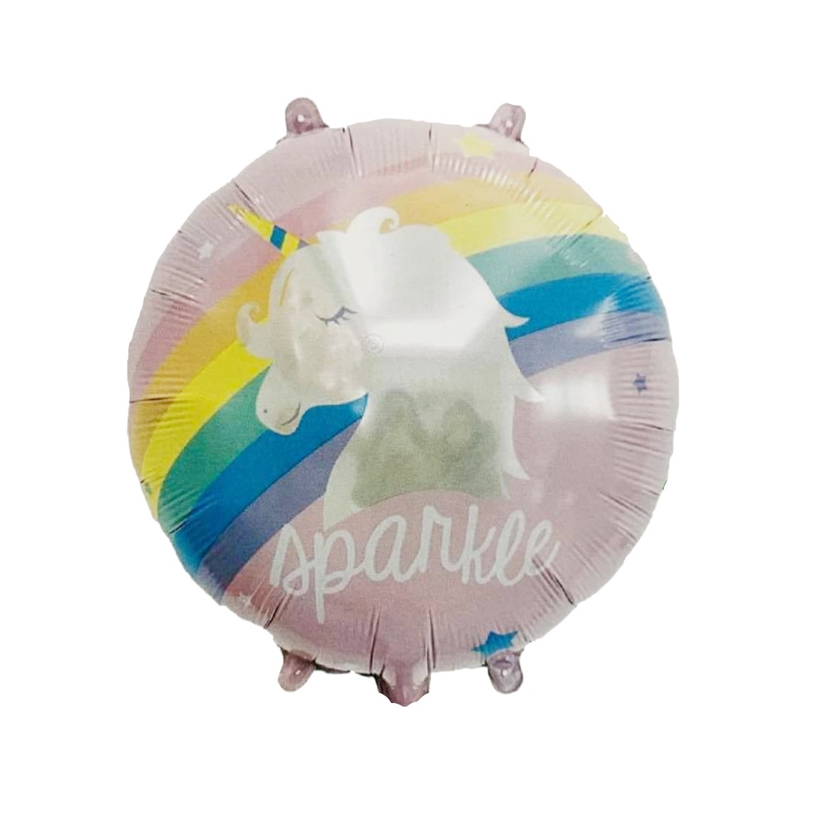 Balão redondo metalizado com imagem de unicórnio e arco-íris