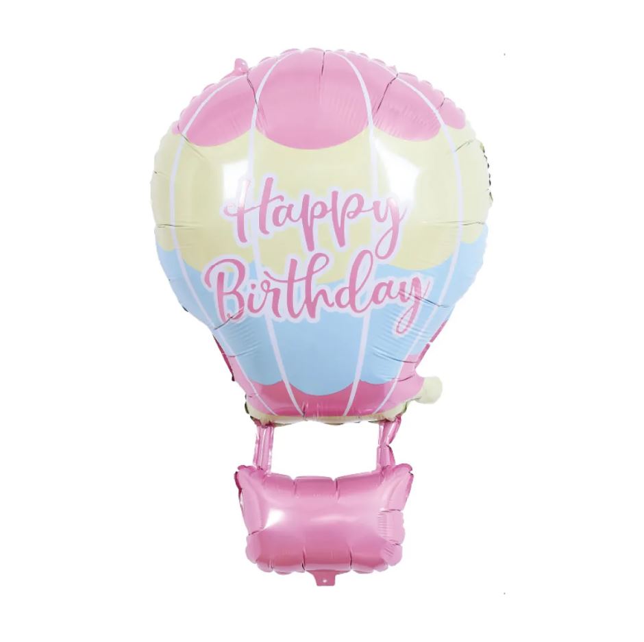 Balão em forma de balão de ar quente com 'Happy Birthday' em várias cores