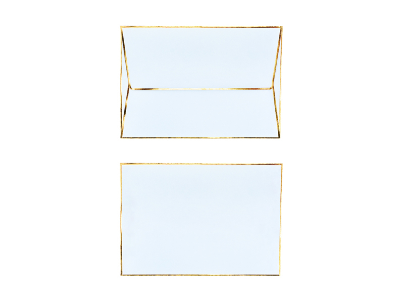 Caixa retangular branca com bordas douradas aberta e fechada