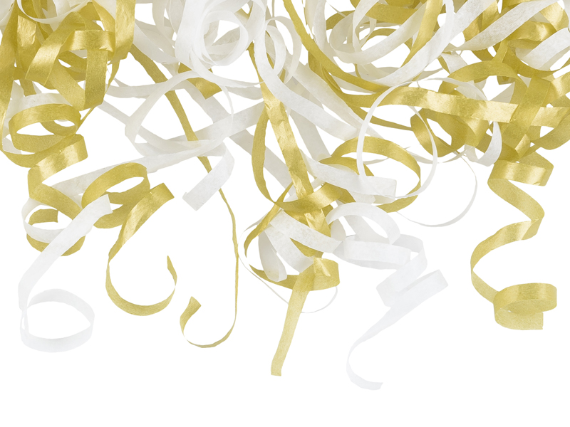 Fitas crepe em espiral branco e dourado sobre fundo branco