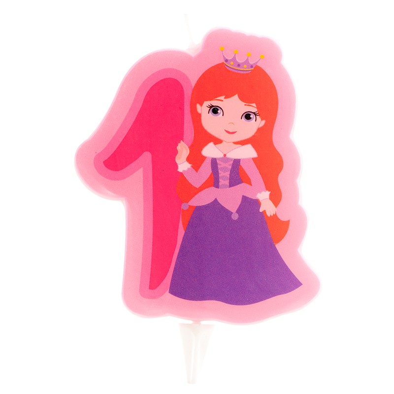 Vela decorativa para bolos número 1 com princesa em rosa e roxo