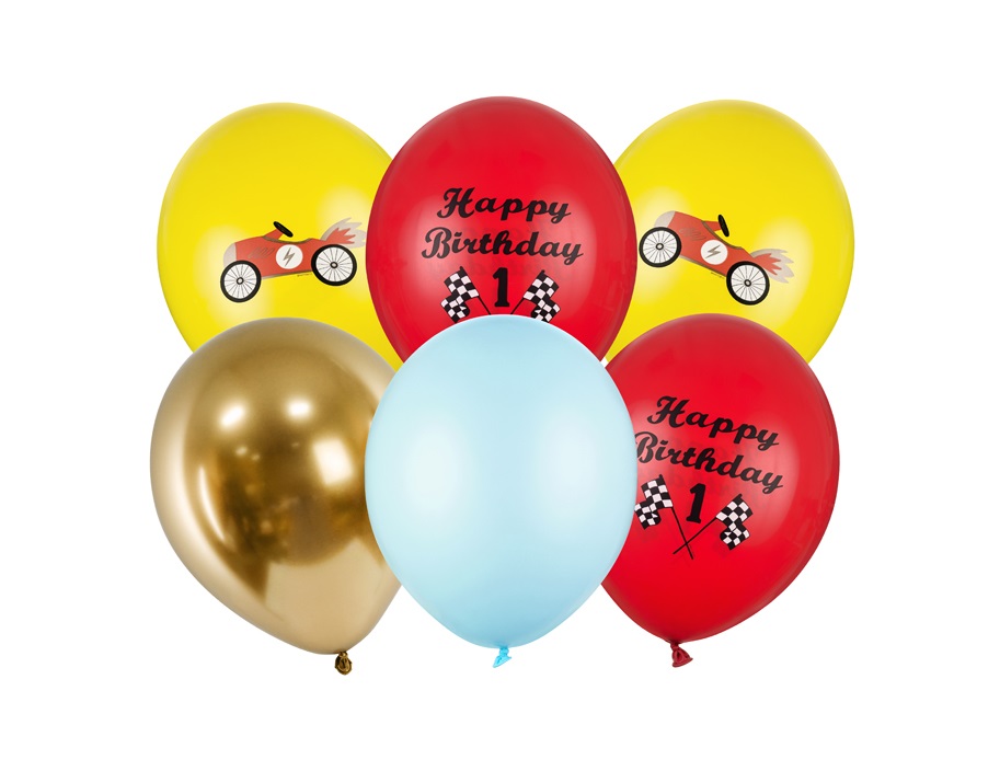 Seis balões coloridos para festa com desenhos de motocicleta e texto 'Happy Birthday 1'.