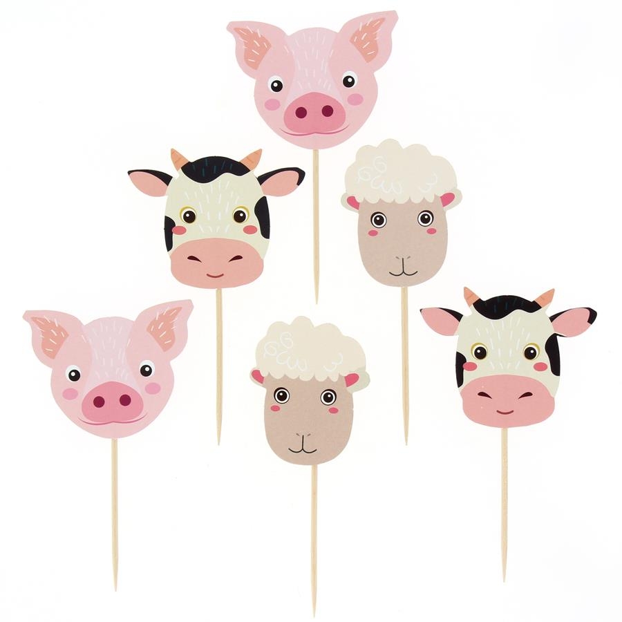 Palitos decorativos com cabeças de porco, vaca e ovelha em desenho animado