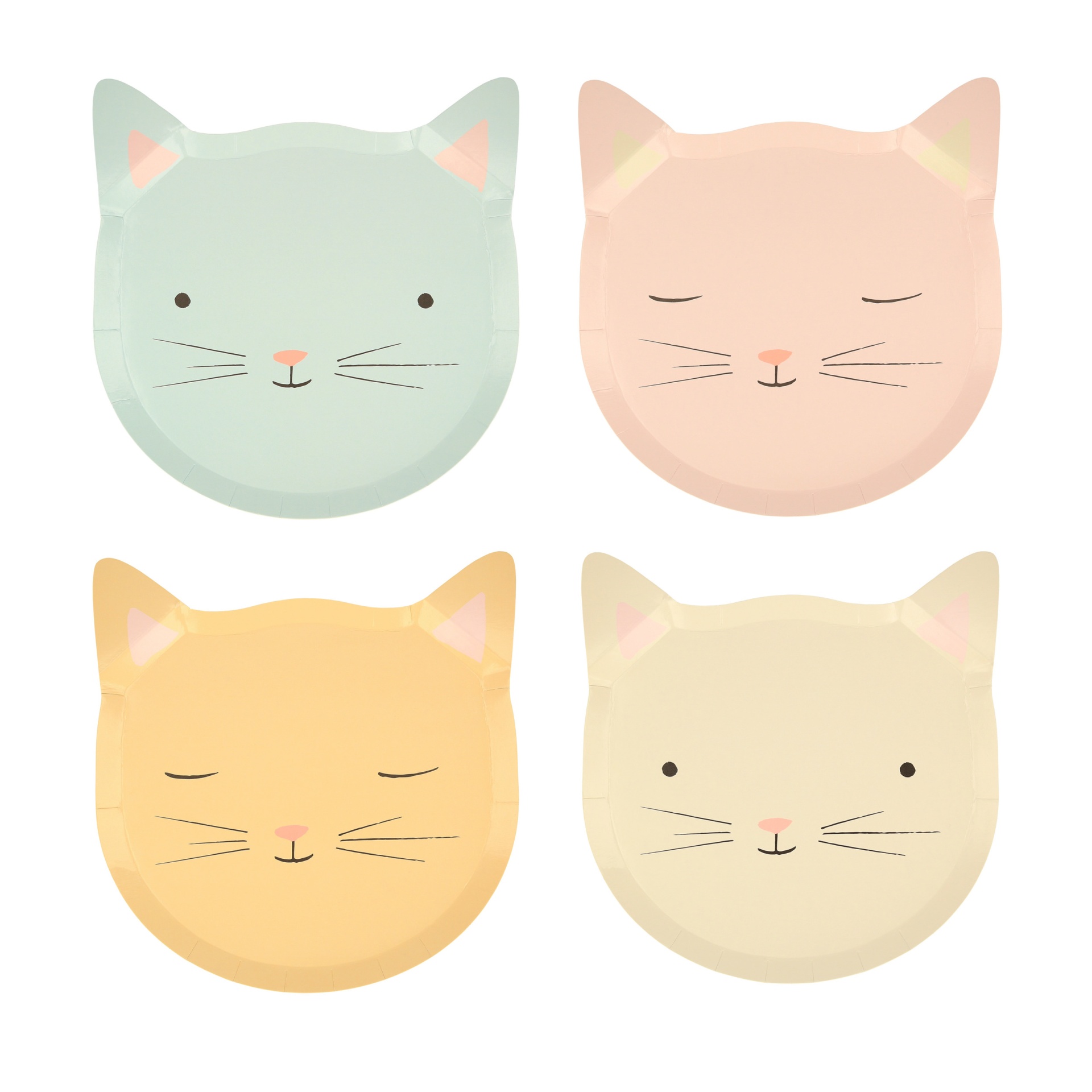 Pratos decorativos em forma de cabeça de gato coloridos em tons pastel