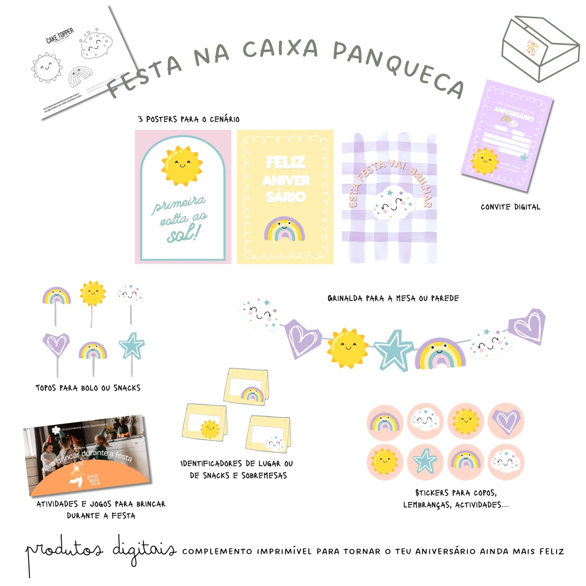 Produtos digitais imprimíveis para festa temática FESTA NA CAIXA PANQUECA com posters, toppers, convites e stickers coloridos e com ilustrações de sol, nuvem, arco-íris e estrelas.