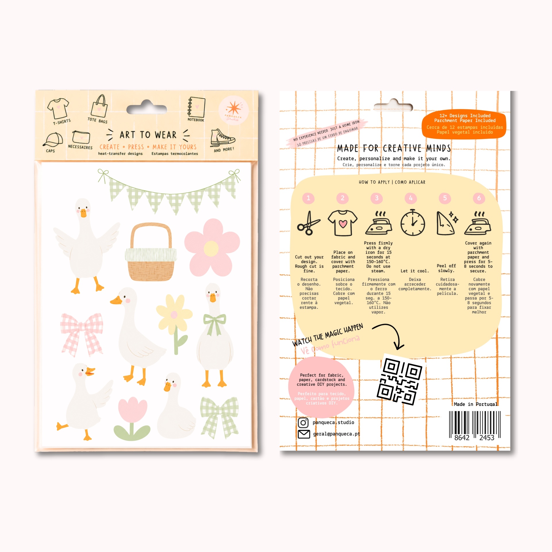Estampas termocolantes com desenhos de patos, flores e laços coloridos suaves